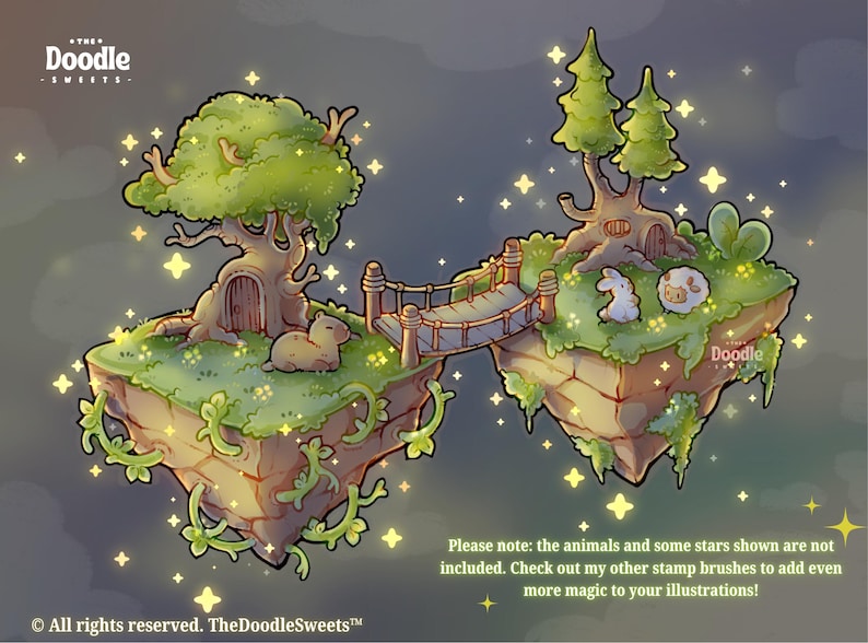 Pu&ograve; includere: Un'illustrazione digitale di due isole galleggianti collegate da un ponte di corda in legno. Le isole presentano erba verde, alberi con piccole porte e viti. Il testo recita: The Doodle Sweets, Doodle, e Please note: the animals and some stars shown are not included. Check out my other stamp brushes to add even more magic to your illustrations! &copy; All rights reserved. TheDoodleSweets&trade;