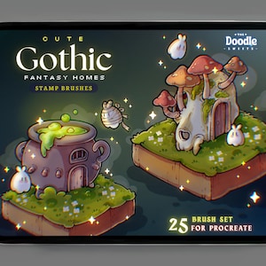 Può includere: Illustrazione digitale su schermo di tablet con un set di pennelli timbro "Cute Gothic Fantasy Homes". L'opera d'arte include un calderone con liquido verde gorgogliante, una casa a fungo e personaggi stravaganti. Il set include 25 pennelli per Procreate.