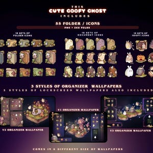 Pode incluir: Download digital com tema de fantasma fofo. Inclui 55 designs de pastas e &iacute;cones, al&eacute;m de pap&eacute;is de parede de organizador e tela de bloqueio. A imagem mostra v&aacute;rios &iacute;cones de pasta, &iacute;cones de documentos e &iacute;cones engra&ccedil;ados, juntamente com tr&ecirc;s estilos de pap&eacute;is de parede de organizador.