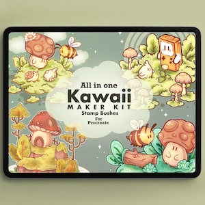 Pode incluir: Uma ilustração digital de um conjunto de pincéis de carimbo Kawaii Maker Kit para Procreate. A imagem apresenta uma variedade de cogumelos, abelhas e outros elementos fofinhos em estilo de desenho animado. O texto "All in one Kawaii Maker Kit Stamp Bushes for Procreate" é exibido no centro da imagem.