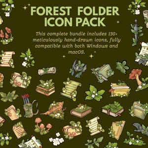 Pode incluir: Uma coleção digital de mais de 130 ícones desenhados à mão intitulada FOREST FOLDER ICON PACK, apresentando várias pastas, pergaminhos, livros e elementos de natureza como cogumelos, folhas e flores num fundo verde-azeitona escuro.