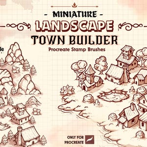 May include: A sepia-toned digital illustration featuring a miniature landscape town builder theme. The image includes detailed drawings of houses, trees, mountains, and other elements. Text at the top reads "Miniature Landscape Town Builder" and "Procreate Stamp Brushes."