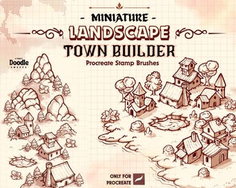 Miniature Landscape Town Builder Procreate Stamp Brushes | Fantasy Map Builder Set | Mini House, trees, lake, rock Stamp Brush for Procreate
