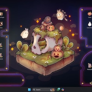 Pode incluir: Um papel de parede de desktop com tema de Halloween com uma ilha em forma de caveira, ab&oacute;boras e uma casinha. O design inclui fantasmas flutuantes e uma m&uacute;mia, em um fundo escuro com detalhes brilhantes. &Iacute;cones em tema de Halloween.