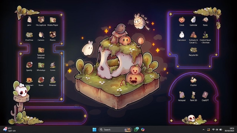 Pode incluir: Um papel de parede de desktop com tema de Halloween com uma ilha em forma de caveira, ab&oacute;boras e uma casinha. O design inclui fantasmas flutuantes e uma m&uacute;mia, em um fundo escuro com detalhes brilhantes. &Iacute;cones em tema de Halloween.
