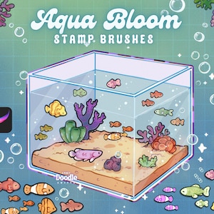 May include: An illustration of an aquarium with the words "Aqua Bloom STAMP BRUSHES". The aquarium contains colorful fish, coral, and plants. Bubbles and decorative elements surround the aquarium.