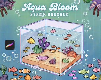 Aqua Bloom Stamp Brushes for Procreate | Cute Fishes , Decor Plants Brushes | Kawaii Doodle Procreate Stamp Brushes