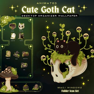 Puede incluir: Fondo de pantalla animado para organizador de escritorio con un gato negro de ojos grandes sentado sobre una calavera con musgo verde y plantas. Las palabras "Cute Goth Cat" están en la parte superior. Incluye un conjunto de iconos de carpeta para Mac/Windows.