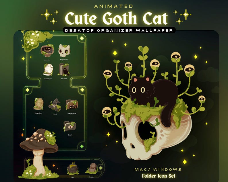 Peut inclure: Fond d'&eacute;cran de bureau anim&eacute; avec un chat noir aux grands yeux assis sur un cr&acirc;ne avec de la mousse et des plantes vertes. Les mots "Cute Goth Cat" sont en haut. Comprend un ensemble d'ic&ocirc;nes de dossiers pour Mac/Windows.
