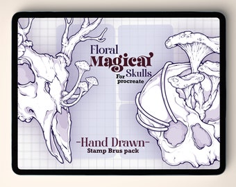 May include: A digital illustration of two skulls with floral details. The skulls are outlined in black and have a purple gradient. The floral details are white and include mushrooms and branches. The text "Floral Magical For Skulls procreate -Hand Drawn- Stamp Brus pack" is in the centre of the image.