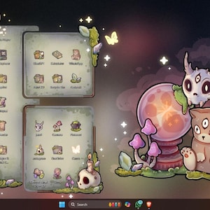 May include: Whimsical digital art featuring a desktop interface with custom icons and a fantasy theme. The artwork includes a skull with horns, a three-eyed cat, mushrooms, and a glowing orb, all set against a dark background.