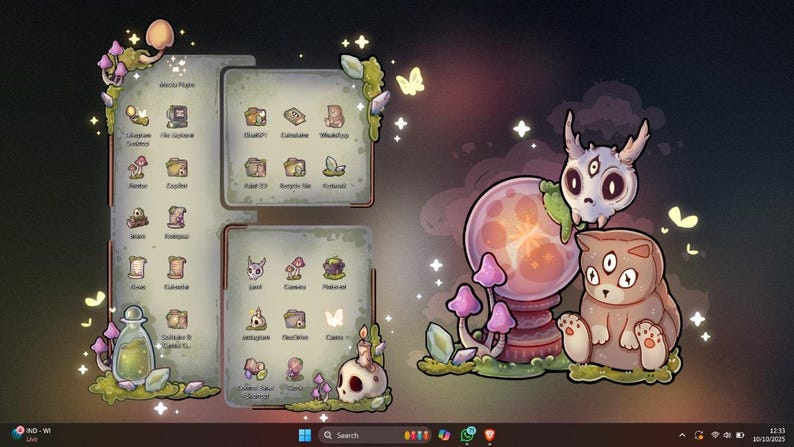 May include: Whimsical digital art featuring a desktop interface with custom icons and a fantasy theme. The artwork includes a skull with horns, a three-eyed cat, mushrooms, and a glowing orb, all set against a dark background.