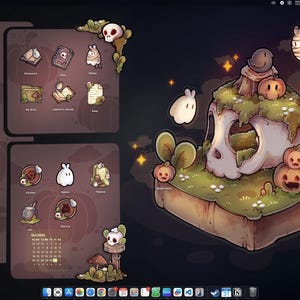Pode incluir: Um fundo de tela digital com tema de Halloween. A arte apresenta uma caveira com ab&oacute;boras, cogumelos e outros elementos assustadores. O fundo &eacute; roxo escuro com uma variedade de &iacute;cones.