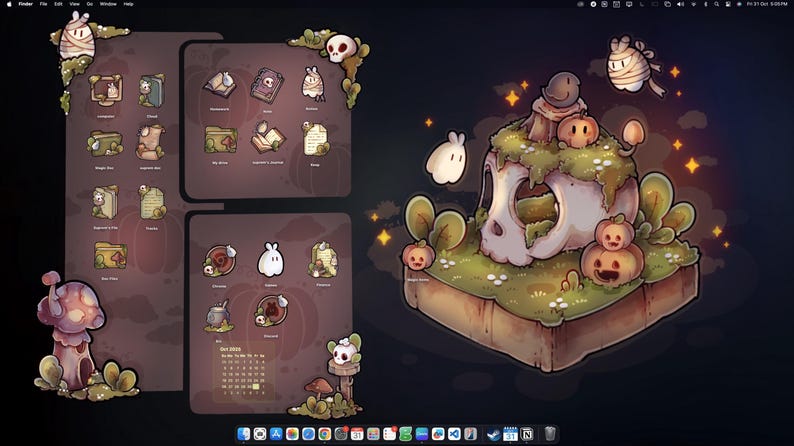 Pode incluir: Um fundo de tela digital com tema de Halloween. A arte apresenta uma caveira com ab&oacute;boras, cogumelos e outros elementos assustadores. O fundo &eacute; roxo escuro com uma variedade de &iacute;cones.