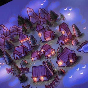 May include: A digital illustration of a fantasy village at night, featuring small houses with glowing windows, tall pine trees, rocky mountains, and two blue ponds. The scene is rendered in shades of purple and blue with white birds flying above.