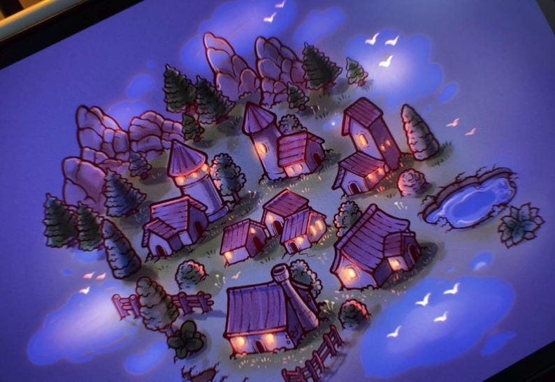 May include: A digital illustration of a fantasy village at night, featuring small houses with glowing windows, tall pine trees, rocky mountains, and two blue ponds. The scene is rendered in shades of purple and blue with white birds flying above.