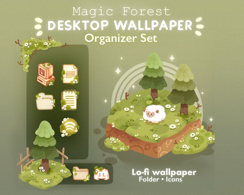May include: A digital Magic Forest desktop wallpaper organiser set featuring a green landscape with pine trees, a white sheep, and various icons. The text reads Magic Forest DESKTOP WALLPAPER Organiser Set and Lo-fi wallpaper Folder Icons.