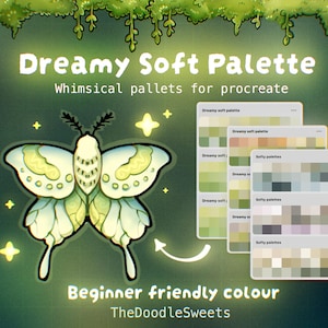 Könnte beinhalten: Eine digitale Illustration eines blassgrünen und gelben Nachtfalters mit dunklen Fühlern, umgeben von leuchtenden Sternen. Rechts ist ein Stapel von Farbpaletten-Mustern abgebildet. Der Text lautet Dreamy Soft Palette, Whimsical pallets for procreate, Beginner friendly colour und TheDoodleSweets.