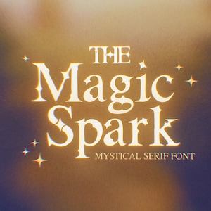 May include: The Magic Spark, a mystical serif font, is displayed in a glowing white color against a gradient background of gold and purple. The font is accompanied by sparkling star accents.