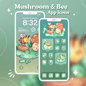 Mushroom & Bee App Icon Set | Cute Hand Drawn App Icon widget Wallpaper set | Kawaii Aesthetic Themes for Android IOS Tablet