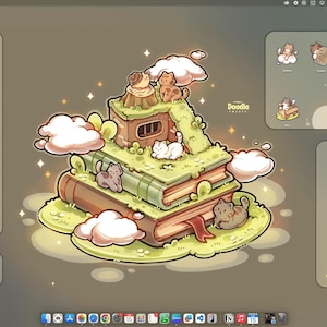May include: A digital desktop wallpaper featuring a stack of three green books topped with a grassy hill, a tree stump, and small cats. The scene includes floating clouds, sparkles, and several cat-themed icons arranged in side panels.