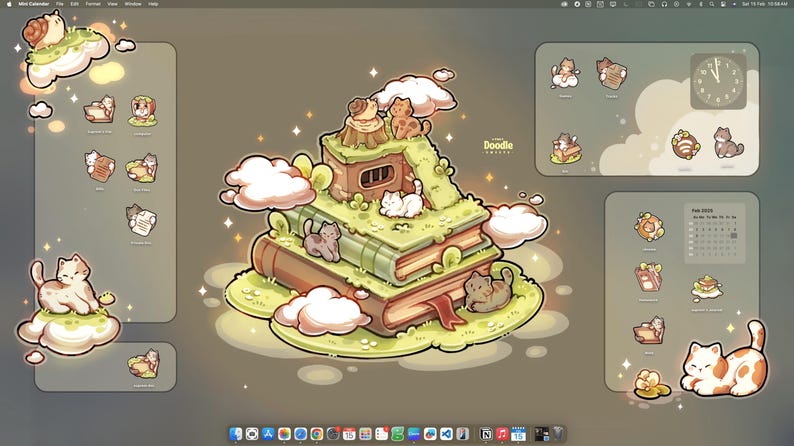 May include: A digital desktop wallpaper featuring a stack of three green books topped with a grassy hill, a tree stump, and small cats. The scene includes floating clouds, sparkles, and several cat-themed icons arranged in side panels.