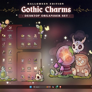 May include: A desktop organizer set with a Halloween theme. The design features a skull, a cat with three eyes, and a crystal ball. The text reads "Halloween Edition Gothic Charms - Desktop Organiser Set". The color palette includes purple, green, and brown.