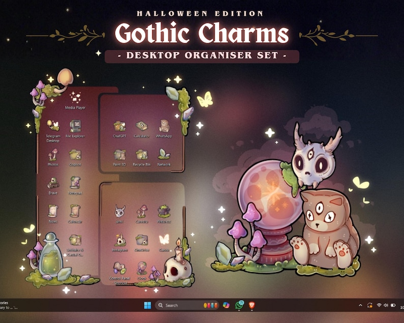 May include: A desktop organizer set with a Halloween theme. The design features a skull, a cat with three eyes, and a crystal ball. The text reads "Halloween Edition Gothic Charms - Desktop Organiser Set". The color palette includes purple, green, and brown.