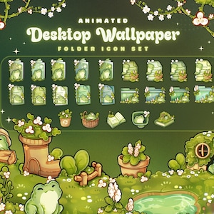 May include: A digital set of animated desktop wallpaper folder icons featuring green frog illustrations, floral accents, and nature-themed elements. The text reads Animated Desktop Wallpaper Folder Icon Set, with various frog-themed icons displayed.