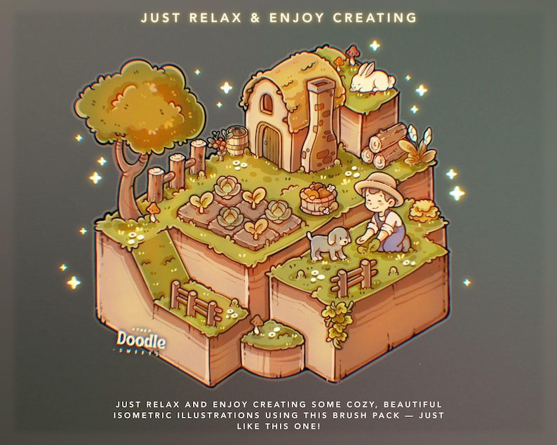 May include: Isometric illustration of a charming farm scene with a cottage, garden, and a person with a dog. The image includes text that reads "JUST RELAX & ENJOY CREATING" and "JUST RELAX AND ENJOY CREATING SOME COZY, BEAUTIFUL ISOMETRIC ILLUSTRATIONS USING THIS BRUSH PACK - JUST LIKE THIS ONE!"