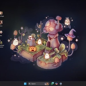 Pode incluir: Um papel de parede de desktop fantasioso com uma cena de fantasia apresentando uma casa de cogumelos, ab&oacute;boras e personagens fantasmas. Os &iacute;cones de v&aacute;rios aplicativos s&atilde;o dispostos ao redor da ilustra&ccedil;&atilde;o central, criando um ambiente de desktop coeso e tem&aacute;tico.