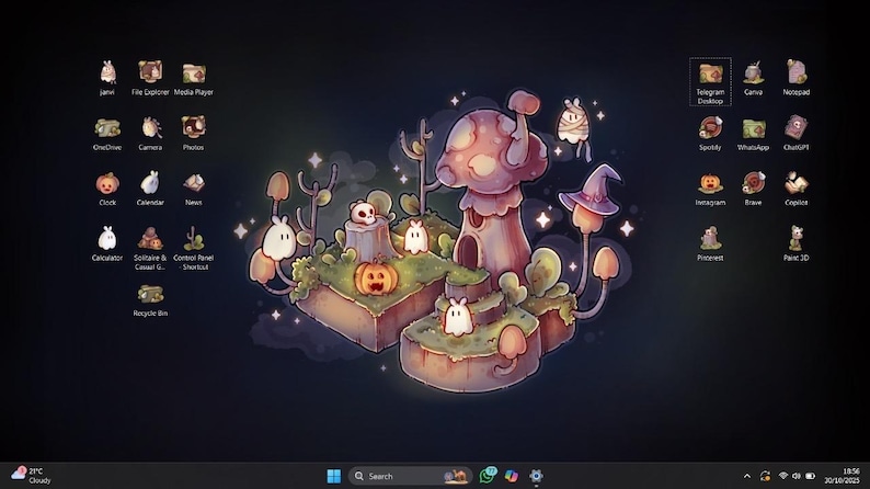 Pode incluir: Um papel de parede de desktop fantasioso com uma cena de fantasia apresentando uma casa de cogumelos, ab&oacute;boras e personagens fantasmas. Os &iacute;cones de v&aacute;rios aplicativos s&atilde;o dispostos ao redor da ilustra&ccedil;&atilde;o central, criando um ambiente de desktop coeso e tem&aacute;tico.