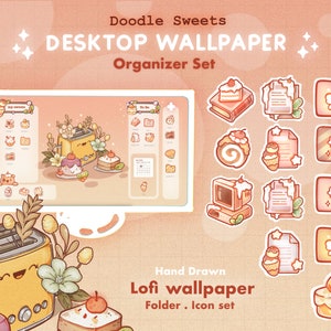Op de afbeelding: Een desktop wallpaper organizer set getiteld Doodle Sweets, met een perzikkleurige rasterachtergrond, een centrale desktopinterface met een illustratie van een lachende broodrooster en diverse handgetekende iconen van taarten en mappen.