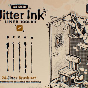 May include: A beige illustration of a digital art tool kit. The text reads "MY GO-TO Jitter Ink LINER TOOL KIT" and "24 Jitter Brush-set". The image shows examples of brush strokes and a whimsical drawing of a room with a chair and plant.