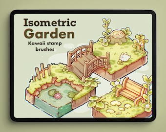 Può includere: Giardino isometrico: pennelli timbro kawaii. Un'illustrazione digitale di una scena da giardino fantasiosa con un ponte, uno stagno, una panchina e un coniglietto carino. La scena è resa in uno stile kawaii con colori tenui e forme arrotondate.
