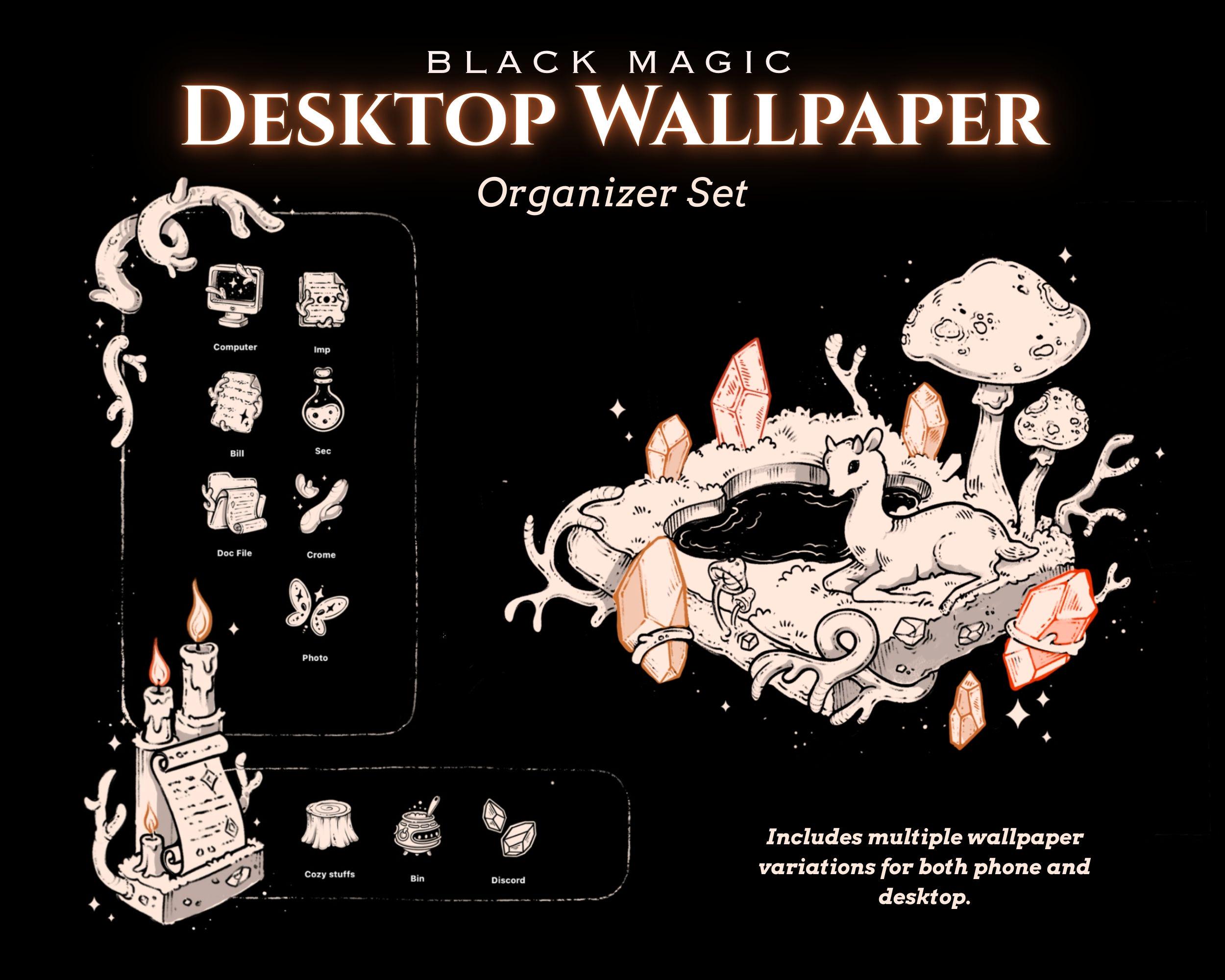 BLACK MAGIC Desktop Theme Background Wallpaper Organizer Set | Witchy Magical Folder Icons Wallpaper Organizer | Mystical Desktop Organizer