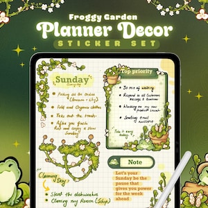 May include: A digital tablet displaying a planner page decorated with Froggy Garden Planner Decor sticker set. The screen shows handwritten tasks, a Sunday schedule, and notes surrounded by green frog illustrations, vines, and flowers.