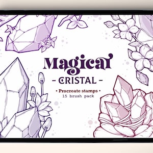 May include: A digital illustration of a Procreate brush pack featuring 15 magical crystal stamps. The image shows a variety of crystals in different shapes and sizes, with a purple and white color scheme. The text "Magical - CRISTAL - Procreate stamps - 15 brush pack" is displayed on a white background.