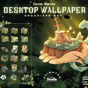 May include: A Forest Warrior desktop wallpaper organiser set featuring digital icons with sword, axe, and nature motifs. The graphic includes text reading Forest Warrior, Desktop Wallpaper, Organiser Set, The Doodle Sweets, 100% Handmade, and For Mac & Window.