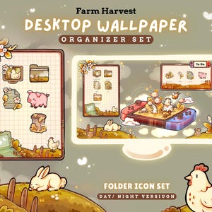 May include: A Farm Harvest desktop wallpaper organizer set featuring a folder icon set in day and night versions. The digital graphics include illustrations of a pig, a chicken, a rabbit, and a handheld gaming console on a grid background.