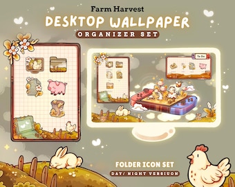 Cosy Farm Bureaubladthema Achtergrond Wallpaper Organizer Set | Lofi Tuinmappictogrammen Wallpaper Organizer | Bureaubladachtergrond: