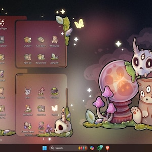 May include: A whimsical digital illustration featuring a desktop interface with custom icons and a fantasy theme. The artwork includes a glowing crystal ball, mushrooms, and a cartoon cat with three eyes. The color palette is dominated by shades of purple, brown, and green.