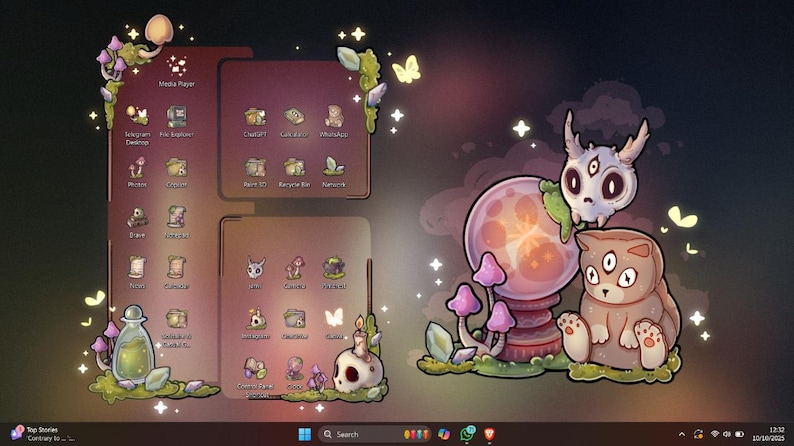 May include: A whimsical digital illustration featuring a desktop interface with custom icons and a fantasy theme. The artwork includes a glowing crystal ball, mushrooms, and a cartoon cat with three eyes. The color palette is dominated by shades of purple, brown, and green.