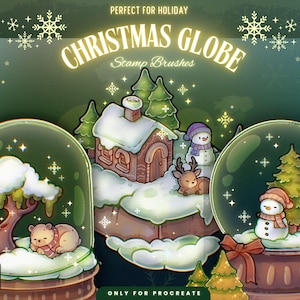 Christmas Globe Stamp Brushes for Procreate | Cozy Stars, Animals, Trees Stamp Brush Pack | Kawaii Decor Procreate Brushes