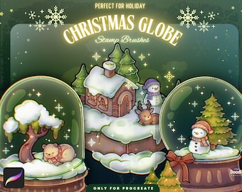 Christmas Globe Stamp Brushes for Procreate | Cozy Stars, Animals, Trees Stamp Brush Pack | Kawaii Decor Procreate Brushes