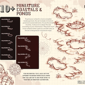 May include: A digital brush set for Procreate featuring 10+ miniature coastal and pond map elements. The image displays various line-art illustrations of water bodies, rocky terrain, a compass rose, and mountain-themed rock stamps in brown.