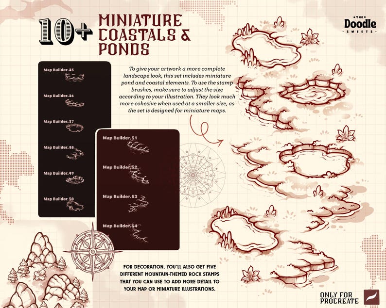 May include: A digital brush set for Procreate featuring 10+ miniature coastal and pond map elements. The image displays various line-art illustrations of water bodies, rocky terrain, a compass rose, and mountain-themed rock stamps in brown.