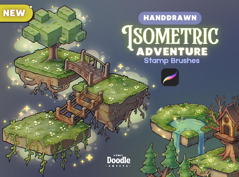 Pu&ograve; includere: Un set di illustrazioni digitali intitolato Handdrawn Isometric Adventure Stamp Brushes che mostra isole erbose fluttuanti con alberi a blocchi, ponti di legno, un piccolo stagno con cascata e una capanna, il tutto accentuato da scintille luminose.