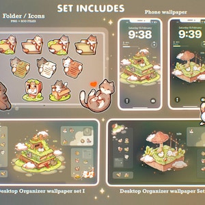 May include: A digital set including 27 folder icons in PNG and ICO formats, two phone wallpapers, and two desktop organizer wallpapers. The graphics feature illustrated cats, floating islands with books, mushrooms, and clouds in soft tones.
