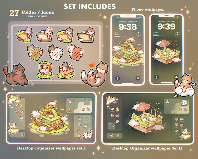 May include: A digital set including 27 folder icons in PNG and ICO formats, two phone wallpapers, and two desktop organizer wallpapers. The graphics feature illustrated cats, floating islands with books, mushrooms, and clouds in soft tones.